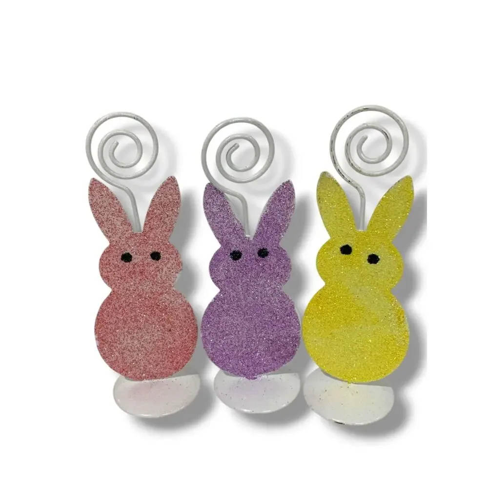 Glitter Bunny Place Card Photo Holder Box of 3 New Pink Purple Yellow 4.5